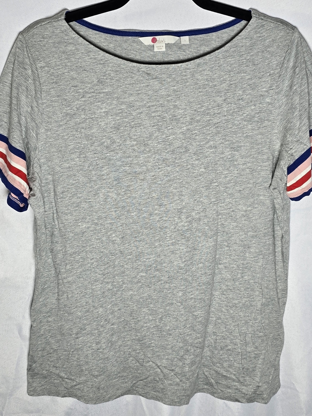 Boden Gray Short Sleeve Ringer Tee with Navy Pink Stripe Sleeves Cotton Blend, L